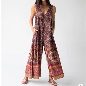 Natural Life Let's Just Go Wide Leg Jumpsuit Floral Bohemian Cottage Chic S / M